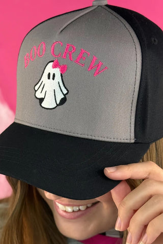 Black and gray canvas snapback hat with pink embroidered “Boo Crew” and GiGi the Ghost design; adjustable fit for playful Halloween style.
