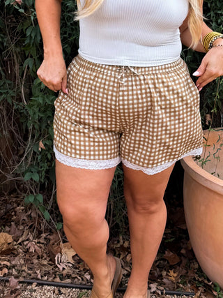 Brown gingham lounge shorts women’s clothing lace trim shorts comfy mom style cotton elastic waist shorts