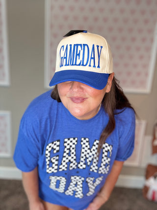 Game Day Hat – Natural with Blue Embroidery