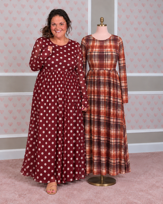 Blakeley Countryside Mesh Dress in polka dot or plaid featuring sheer printed mesh, long sleeves with thumbhole cuffs, matching cami slip dress with adjustable straps, and stretchy fabric, available in women's sizes S/M–3X.