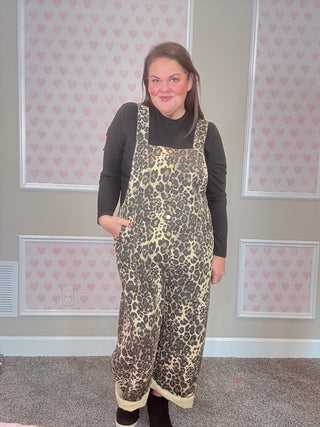 Acid Washed Leopard Printed Denim Jumpsuit