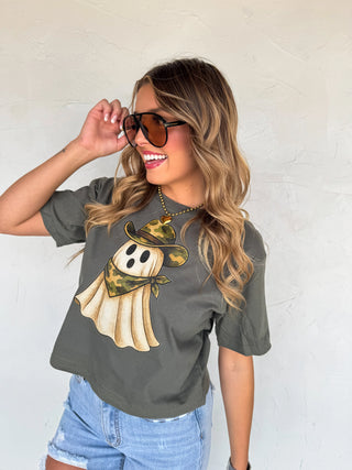 Faded olive boxy-fit camo ghost graphic tee made from soft 100% ring-spun cotton, featuring a relaxed fit and mid-length cut for casual, everyday wear.