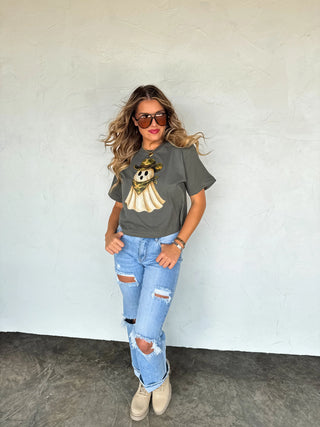 Faded olive boxy-fit camo ghost graphic tee made from soft 100% ring-spun cotton, featuring a relaxed fit and mid-length cut for casual, everyday wear.