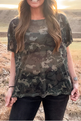 Camo mesh oversized top women’s clothing breathable sheer layering top comfy mom style trendy camouflage shirt