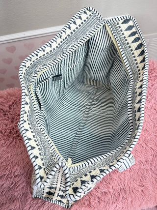 Cream & Black Boho quilted tote bag women’s boutique cotton market tote oversized neutral everyday shoulder bag