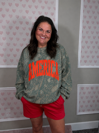 Patriotic camo sweatshirt with red America graphic soft relaxed fit cozy women’s pullover sweatshirt