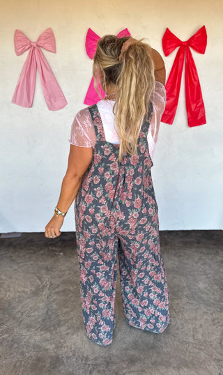 Cassidy floral denim overalls for women featuring a soft stretch denim fabric and flattering relaxed fit, perfect for women’s clothing and comfy mom style.