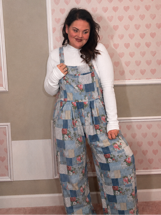 Patchwork denim overalls women’s clothing boho wide leg overalls comfy mom style lightweight floral denim overalls
