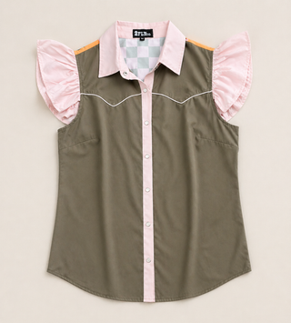 Women’s western style blouse olive green with pink ruffle sleeves snap button front trendy women’s clothing top
