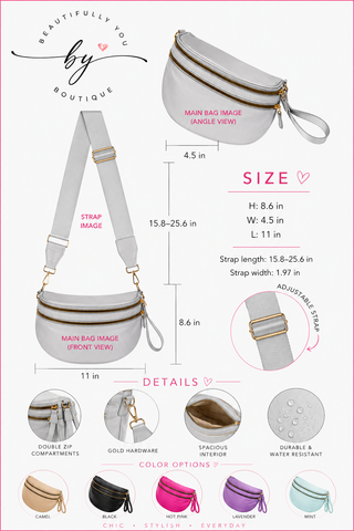 Measurement chart for a white waist bag with strap, showing dimensions and features.