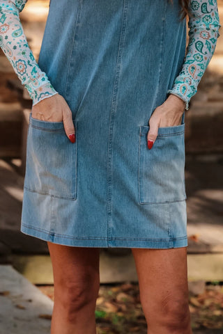 Soft stretch denim jumper dress with adjustable straps oversized relaxed fit layering dress for women