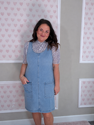 Soft stretch denim jumper dress with adjustable straps oversized relaxed fit layering dress for women