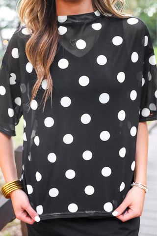 Jess Lea black and white polka dot mesh tee with relaxed boxy fit and elbow-length sleeves. 