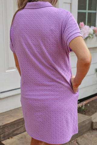 Woman wearing butter lavender A-line textured zipper dress with soft stretchy fabric and flattering silhouette, styled for chic mom-approved spring outfit.