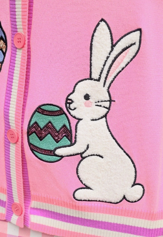 Hoppy Easter short sleeve cardigan with pink base, bunny and Easter egg pattern, pastel trim, women’s spring fashion