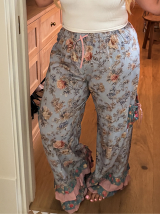 Farmhouse Femme Bloomer Pants flowy floral ruffle hem pants with elastic waistband and relaxed feminine cottagecore fit for boutique women’s fashion