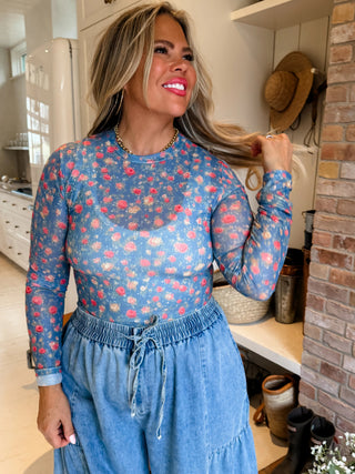 Floral mesh long sleeve top women’s clothing sheer layering top comfy mom style farmhouse floral mesh shirt