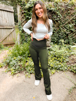 Woman wearing the Molly Max Sculpt Diagonal Ribbed-Flare Legging styled with a casual or sporty top for a sleek, flattering look.