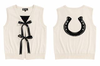White sleeveless sweater vest with black bow on front and horseshoe on back, displayed on a white background.