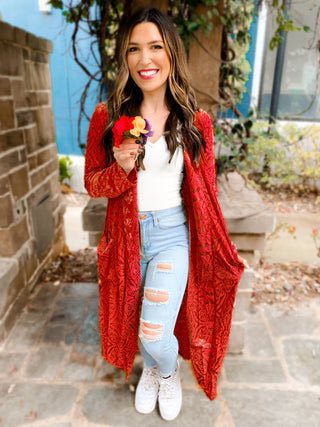 Woman wearing the Mabel Mesh & Velvet Duster, styled with a chic outfit for a sophisticated, elegant look.