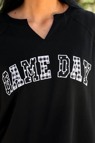 Women's Game Day French terry pullover with mixed polka dot and gingham lettering, V-neckline, and relaxed fit.