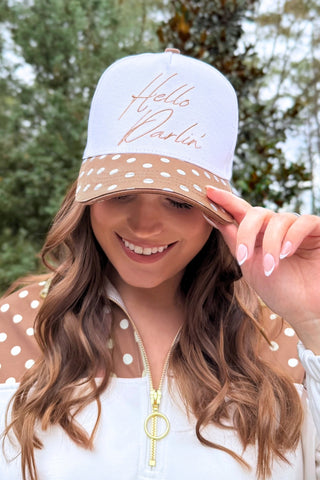 Hello Darlin embroidered women’s hat with mocha polka dot brim, adjustable comfy fit casual trendy accessory