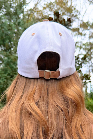 Hello Darlin embroidered women’s hat with mocha polka dot brim, adjustable comfy fit casual trendy accessory