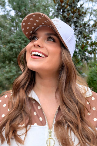 Hello Darlin embroidered women’s hat with mocha polka dot brim, adjustable comfy fit casual trendy accessory