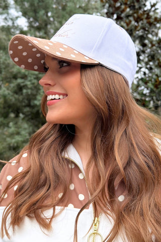 Hello Darlin embroidered women’s hat with mocha polka dot brim, adjustable comfy fit casual trendy accessory