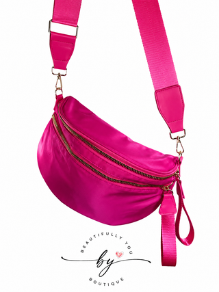 Hot Pink nylon crossbody bum bag with adjustable strap lightweight women’s travel purse and mommy bag