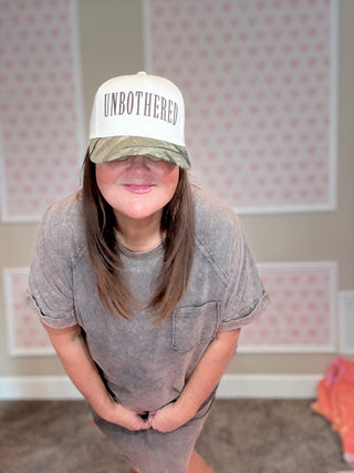 Unbothered embroidered hat with camo beak.