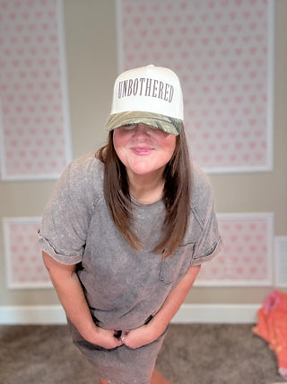 Unbothered embroidered hat with camo beak.