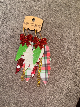 Holly Jolly Plaid Earrings with red sparkle bow and gold dangle chain. 