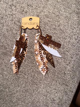 Rustic Faith Glitter Cross Earrings of feather-shaped earrings with a 'Jewels' tag on a textured surface