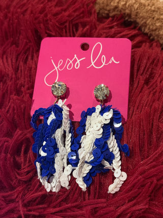 Game Day Spirit Sequin Earrings in blue and white sequin with crystal accent. 