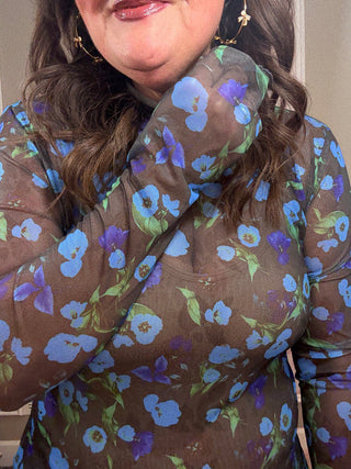 Blue Floral Mesh Long Sleeve Top