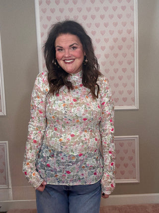 Spring Happy Blooms lace mesh long sleeve top for women featuring sheer floral lace fabric and a flattering fitted silhouette, perfect for layering with women’s clothing and trendy clothes.