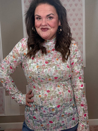 Floral lace mesh top for women with sheer lace texture and elegant floral pattern, a versatile piece for fashion trends, moms style finds, and plus size trends.