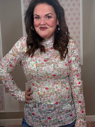 Spring Happy Blooms lace mesh long sleeve top for women featuring sheer floral lace fabric and a flattering fitted silhouette, perfect for layering with women’s clothing and trendy clothes.