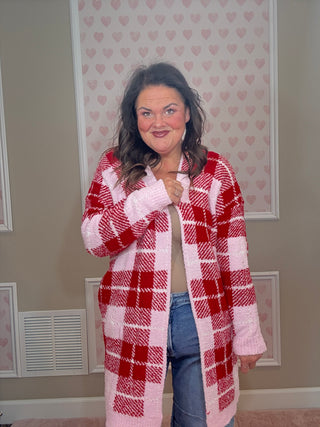 Valentine’s edition cloud cardigan for women in a soft pink plaid print with a cozy flattering fit, ideal for women’s clothing, mom outfit inspo, and fashion trends.