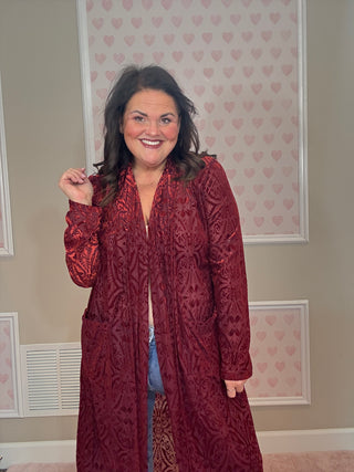 Red Mabel shimmer velvet and mesh duster for women with luxe velvet texture and sheer mesh accents, perfect for fashion trends, mom outfit inspo, moms style finds, and plus size trends.
