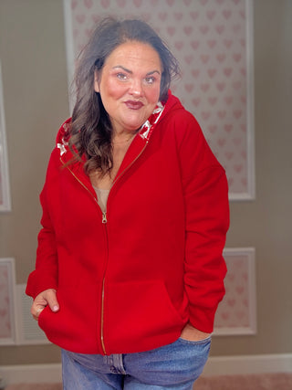 Lina oversized checker heart full zip hoodie for women with checker heart design and luxe rose gold silk hood lining, a statement piece for fashion trends and plus size trends.
