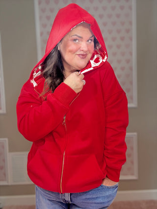 Lina oversized checker heart full zip hoodie for women with checker heart design and luxe rose gold silk hood lining, a statement piece for fashion trends and plus size trends.