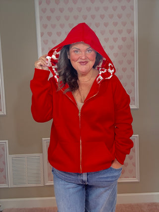 Lina oversized checker heart full zip hoodie for women with checker heart design and luxe rose gold silk hood lining, a statement piece for fashion trends and plus size trends.