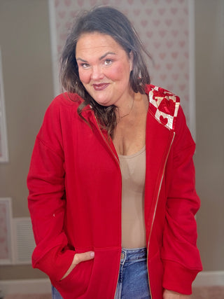 Lina oversized checker heart full zip hoodie for women with checker heart design and luxe rose gold silk hood lining, a statement piece for fashion trends and plus size trends.
