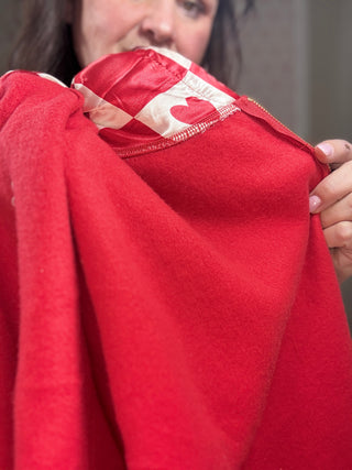 Red Lina oversized checker heart full zip hoodie designed for cozy days and on-the-go comfort, ideal for mom outfit inspo and moms style finds.