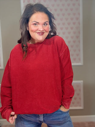Crimson rounded bottom luxury sweatshirt for women with a soft feel and flattering silhouette, a versatile piece for fashion trends, women’s clothing, and plus size trends.