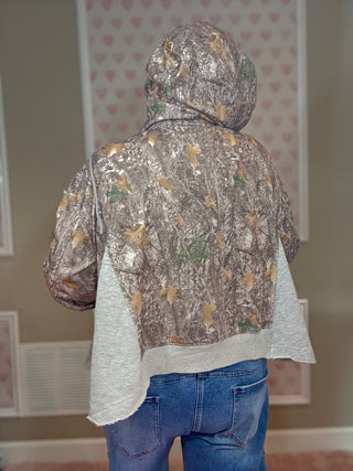 Hunter half zip hoodie pullover for women in woods camo print, featuring a cozy relaxed fit and soft fabric, perfect for women’s clothing, comfy mom style, and chic mom-approved looks.