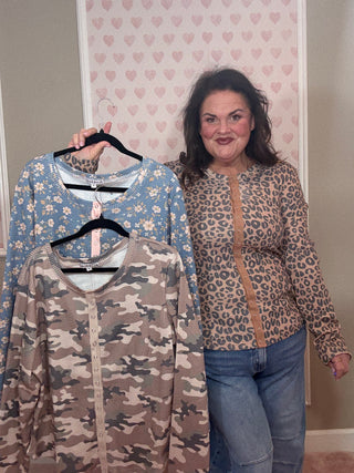 Waffle knit top for women available in camo, blue floral, and leopard prints, featuring a soft textured fabric and flattering relaxed fit, perfect for comfy mom style, women’s clothing, and chic mom-approved looks.