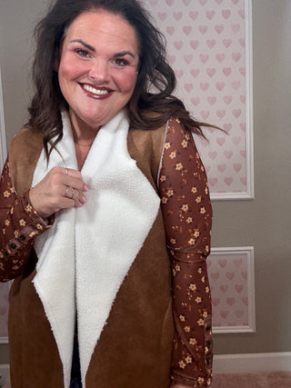 Collins suede vest with sherpa lining for women featuring a soft suede exterior and cozy sherpa interior, perfect for layering and women’s clothing styles.